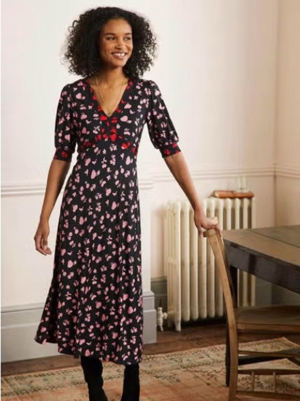 Boden Floral Eva Jersey Midi Dress Black